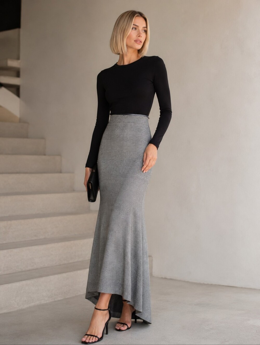 ESCADA Cashmere Wool Mermaid Maxi Skirt Gray Glen Plaid EU 40 Stretch Luxury